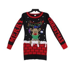 Ugly Christmas Sweater Dress With Sequined Reindeer & Ornaments Size XS